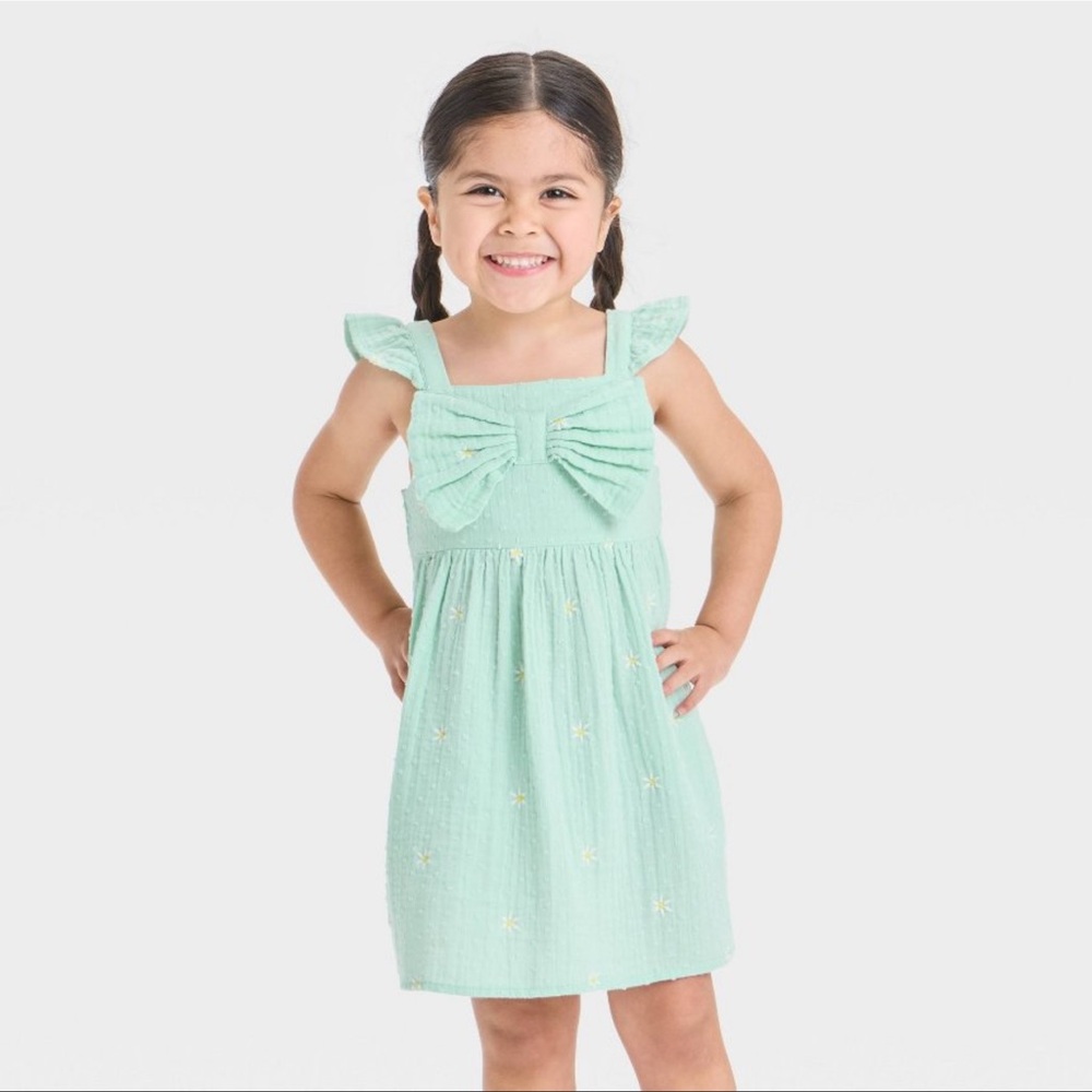 Cat & Jack Light Green Dress 5T cotton Bow flower Embroidery Easter dress